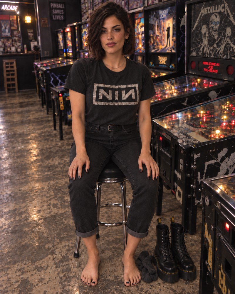 Sabine in a charcoal NIN shirt, seated barefoot beside a pinball machine.