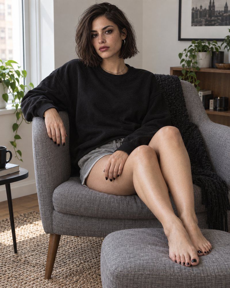 Sabine seated beside a window in a black sweater and grey shorts.
