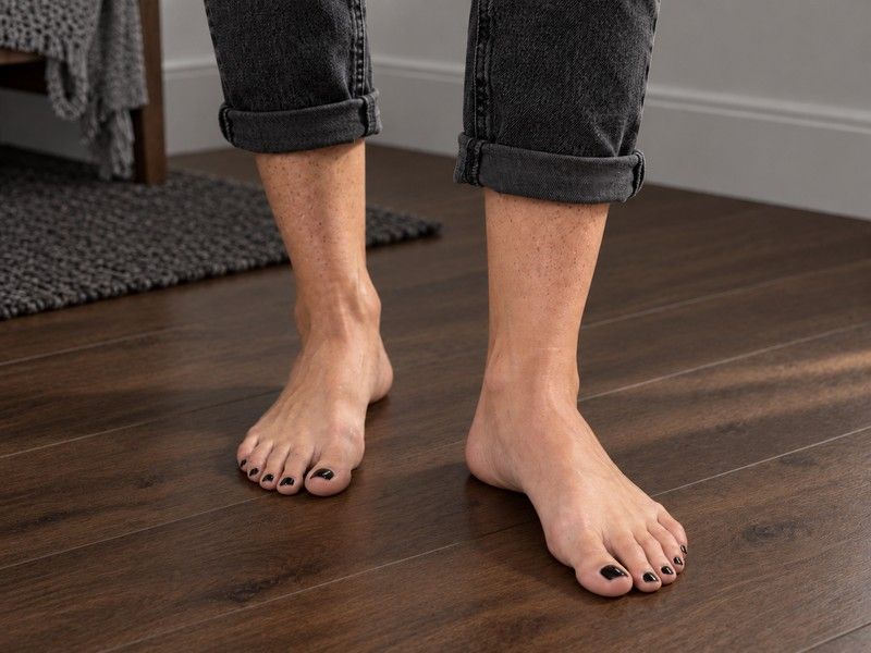 Black-painted toenails, rolled charcoal denim and a wooden floor.