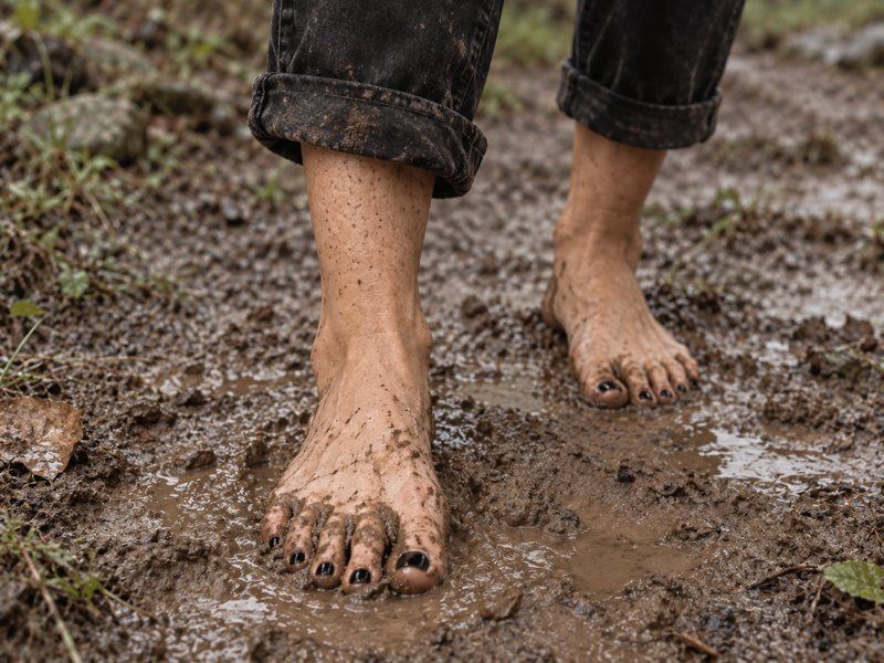 Bare feet and rolled dark jeans on a muddy outdoor path.