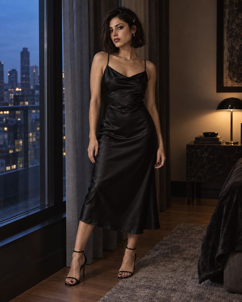 Sabine in a black satin dress beside a window at dusk, full-length.