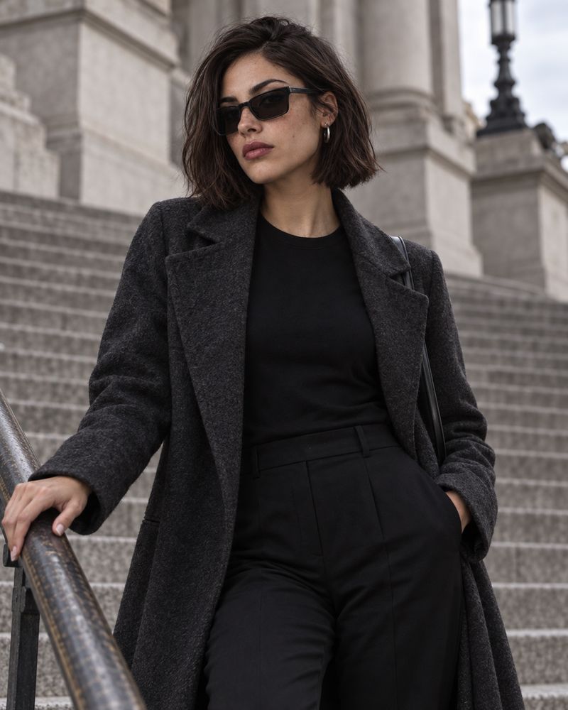 Sabine in sunglasses and charcoal tailoring on a pale stone staircase.