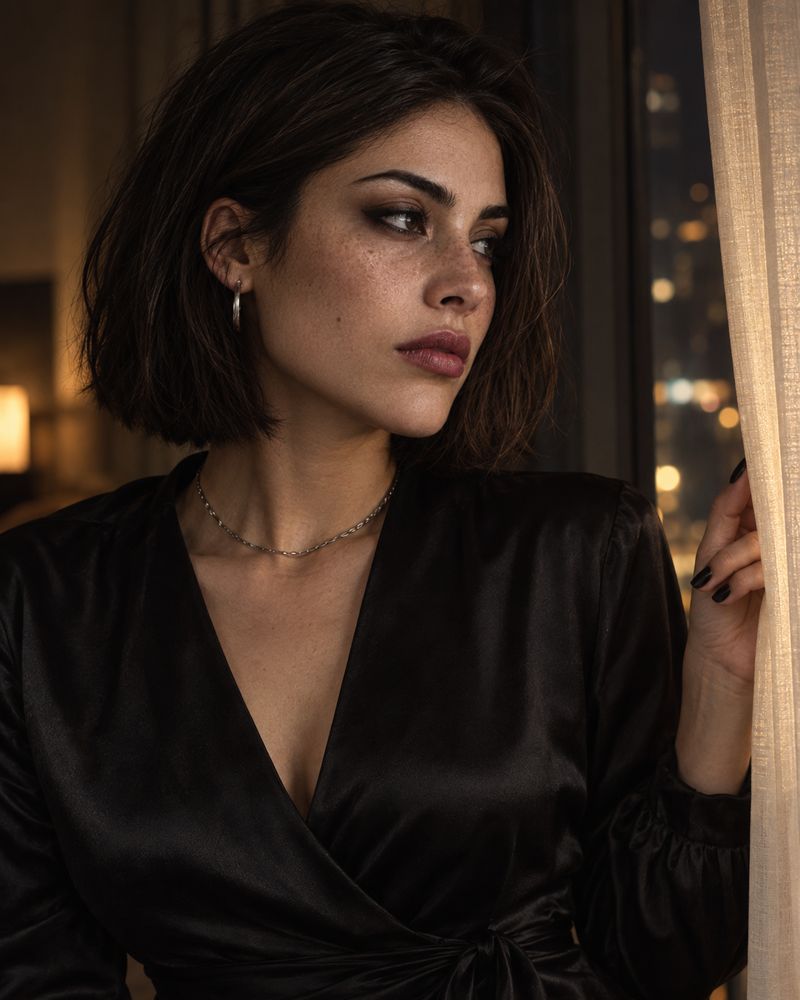 Sabine in black satin, looking toward the light from a window.